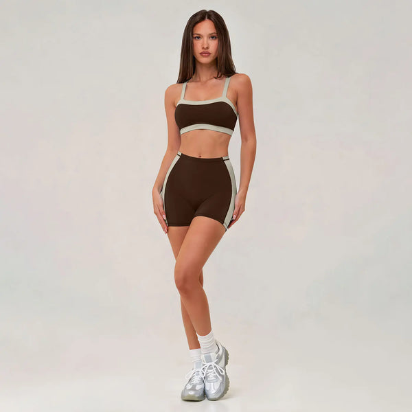 MFVIM Women’S Color-Block Sports Bra with Thin Straps and High-Waisted Color-Block Shorts Set, Suitable for Outdoor Cycling, Mountain Climbing, Yoga, Gym Workouts, and Running.