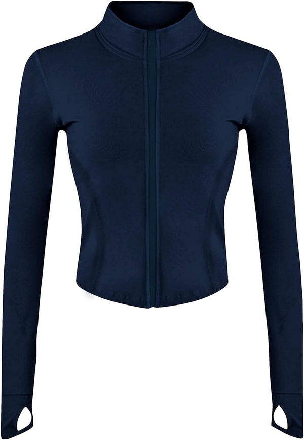 Women's Cropped Zip-Up Athletic Jacket with Thumb Holes - Perfect for Running and Workouts