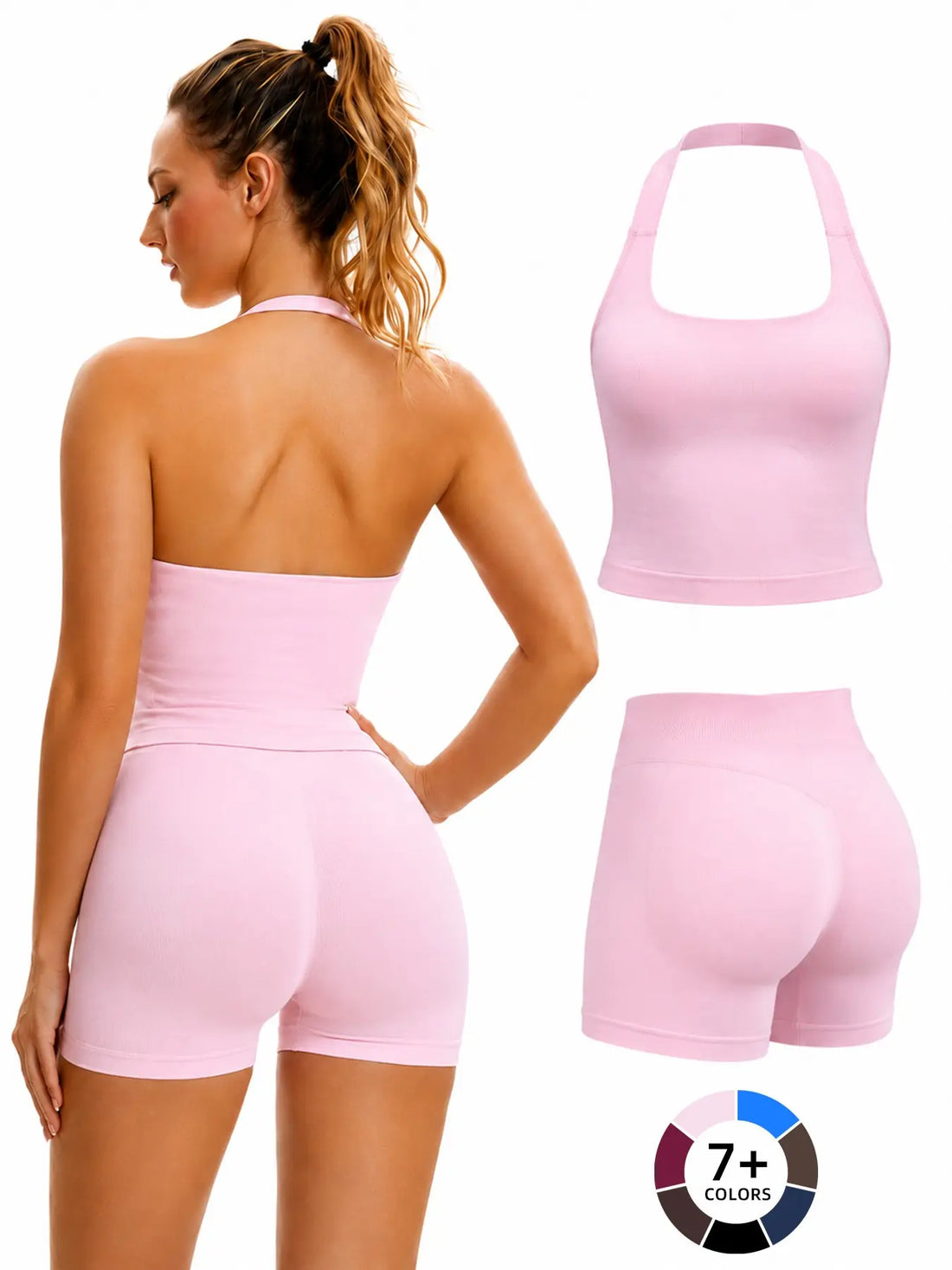 Women'S Halter Tank Top and Shorts Set, Seamless Shaping Summer Gym Wear, High Waist Elastic Support Yoga Workout Outfit
