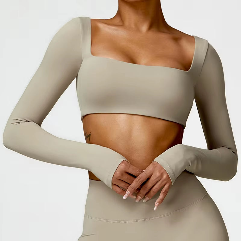 Casual Quick Dry Sportswear Women Square Neck Gym Top Women Fitness Sports Crop Top Female Long Sleeve Yoga Clothing