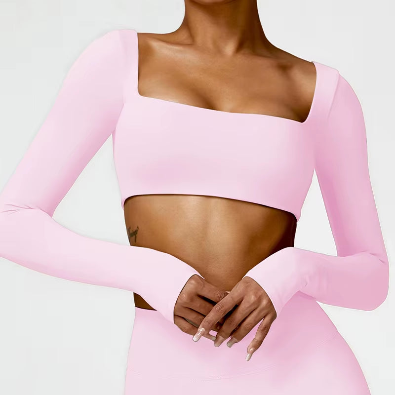 Casual Quick Dry Sportswear Women Square Neck Gym Top Women Fitness Sports Crop Top Female Long Sleeve Yoga Clothing