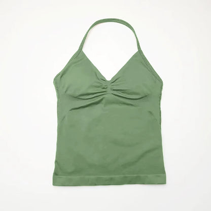 Gym Longline Strappy Top Women Seamless Yoga Tank with Removable Pads V Neck Workout Clothes Sports Running Fitness Vest