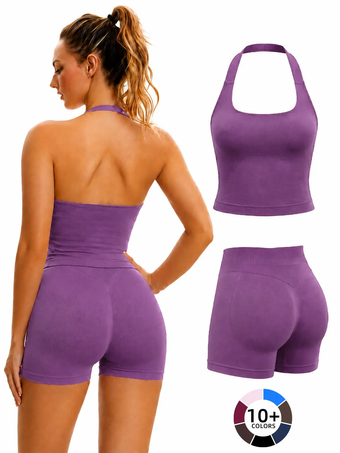 Women'S Halter Tank Top and Shorts Set, Seamless Shaping Summer Gym Wear, High Waist Elastic Support Yoga Workout Outfit