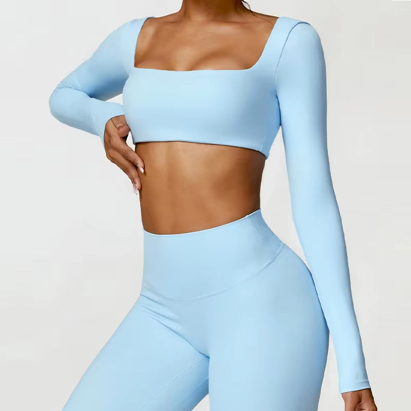 Casual Quick Dry Sportswear Women Square Neck Gym Top Women Fitness Sports Crop Top Female Long Sleeve Yoga Clothing