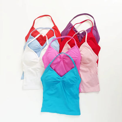Gym Longline Strappy Top Women Seamless Yoga Tank with Removable Pads V Neck Workout Clothes Sports Running Fitness Vest