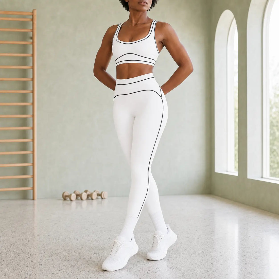 Women'S 2-Piece Workout Set - Scoop Neck Crop Top Sports Bra, High-Waisted Ankle-Length Leggings with Contrast Piping, All Seasons Matching Outfits for Yoga, Gym Training, Sporty Clothing Sets, Sporty Sports Clothing Sets
