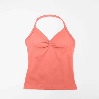 Gym Longline Strappy Top Women Seamless Yoga Tank with Removable Pads V Neck Workout Clothes Sports Running Fitness Vest