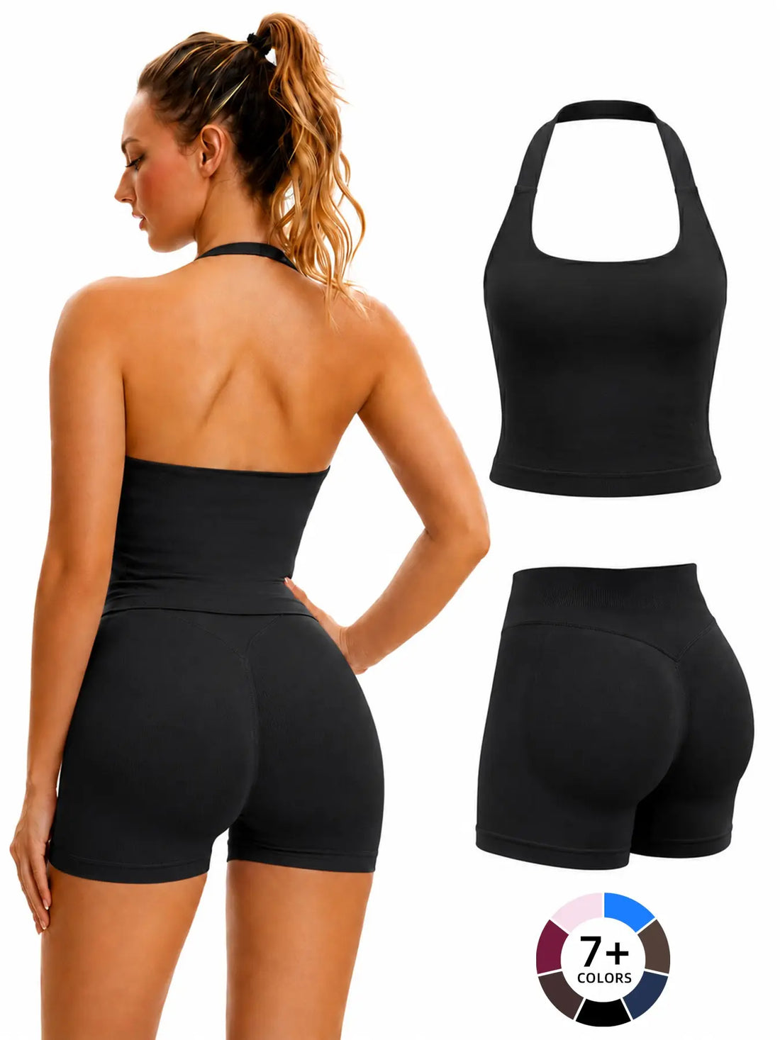 Women'S Halter Tank Top and Shorts Set, Seamless Shaping Summer Gym Wear, High Waist Elastic Support Yoga Workout Outfit