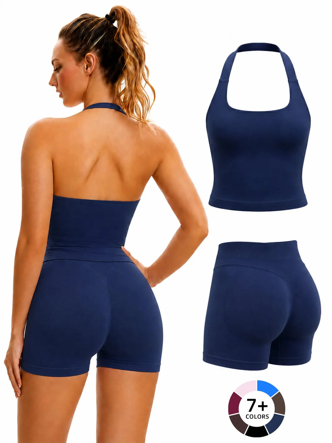 Women'S Halter Tank Top and Shorts Set, Seamless Shaping Summer Gym Wear, High Waist Elastic Support Yoga Workout Outfit