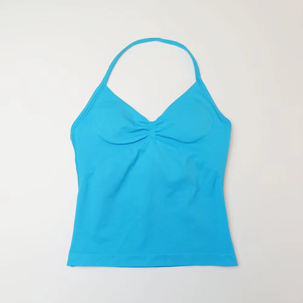 Gym Longline Strappy Top Women Seamless Yoga Tank with Removable Pads V Neck Workout Clothes Sports Running Fitness Vest
