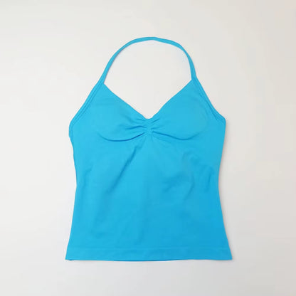 Gym Longline Strappy Top Women Seamless Yoga Tank with Removable Pads V Neck Workout Clothes Sports Running Fitness Vest