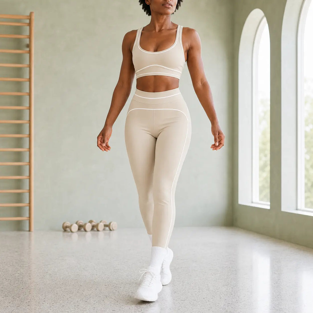 Women'S 2-Piece Workout Set - Scoop Neck Crop Top Sports Bra, High-Waisted Ankle-Length Leggings with Contrast Piping, All Seasons Matching Outfits for Yoga, Gym Training, Sporty Clothing Sets, Sporty Sports Clothing Sets