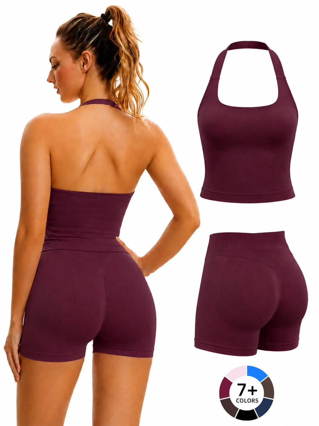 Women'S Halter Tank Top and Shorts Set, Seamless Shaping Summer Gym Wear, High Waist Elastic Support Yoga Workout Outfit