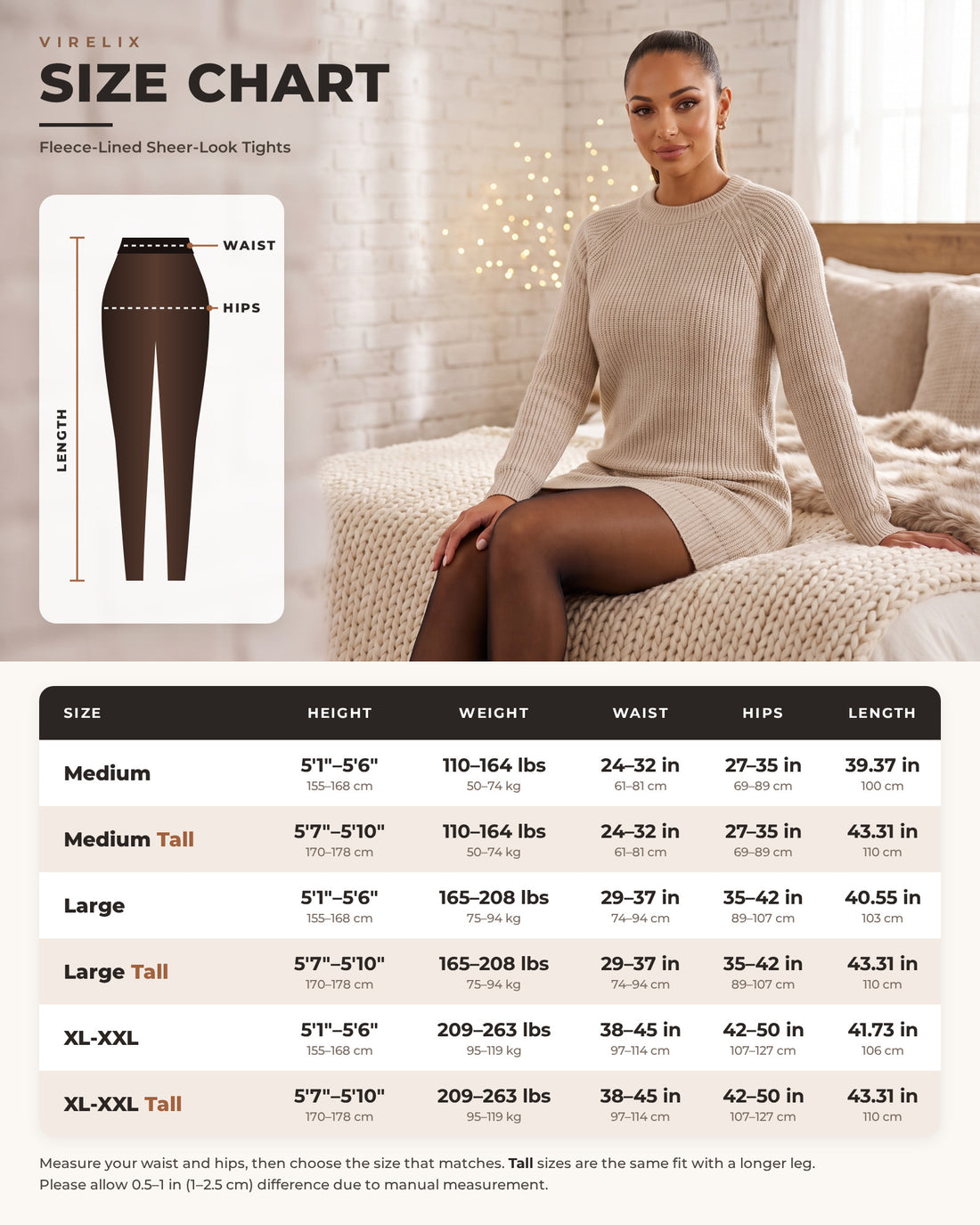VireLix fleece-lined tights size chart: Medium, Large and XL-XXL in regular and Tall lengths