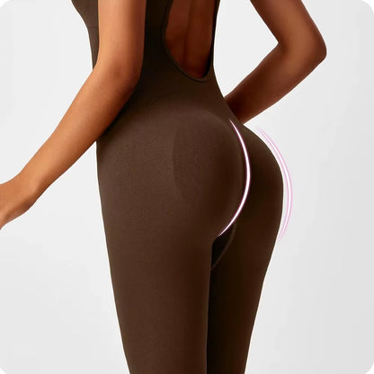 Seamless Peach Booty One-Piece Yoga Bodysuit - V-Back Tummy Control Gym Outfit for Women - Sexy Workout Jumpsuit Fitness Bodycon