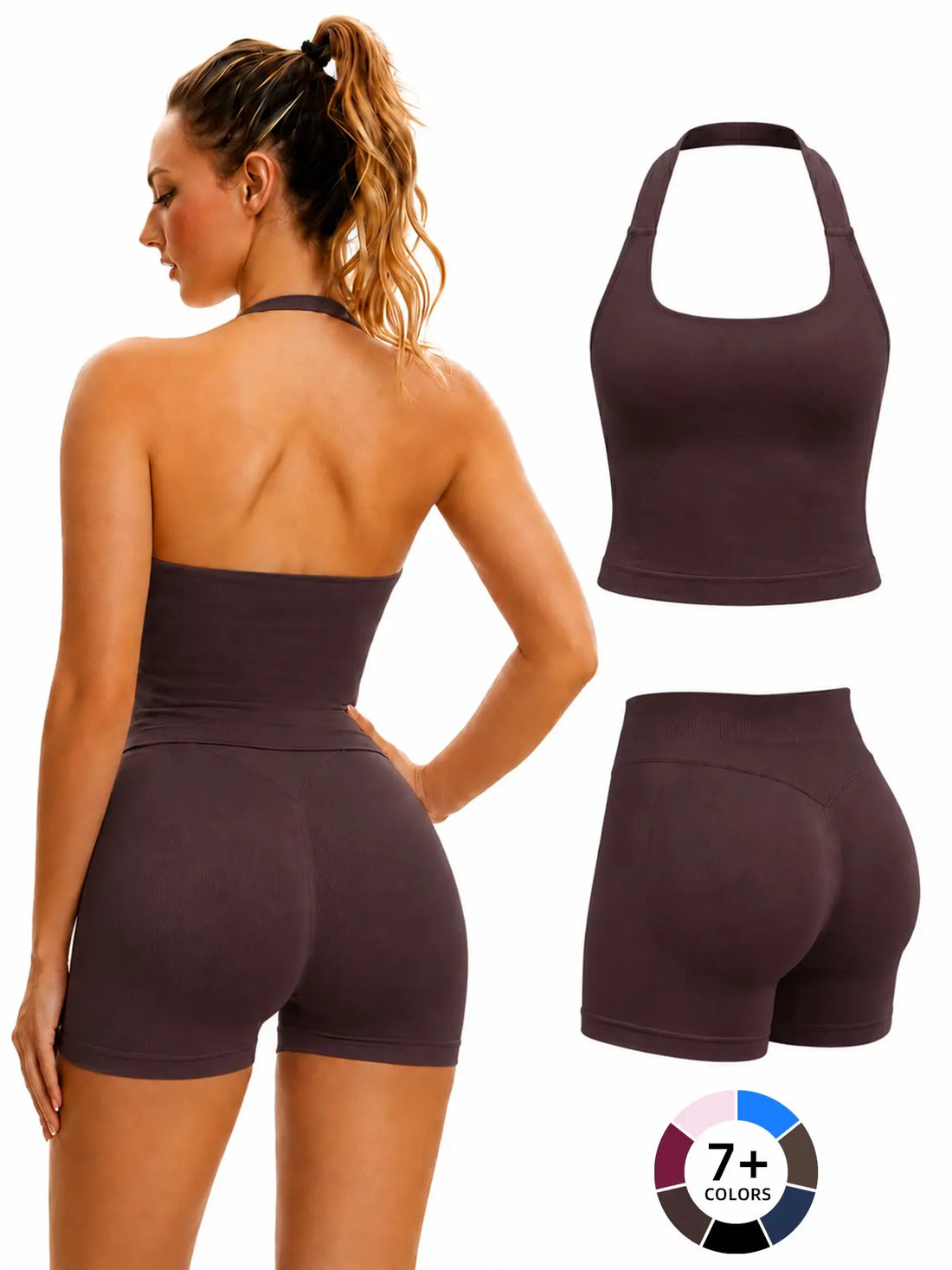Women'S Halter Tank Top and Shorts Set, Seamless Shaping Summer Gym Wear, High Waist Elastic Support Yoga Workout Outfit