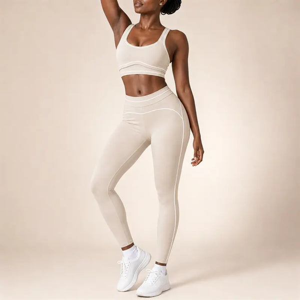 Women'S 2-Piece Workout Set - Scoop Neck Crop Top Sports Bra, High-Waisted Ankle-Length Leggings with Contrast Piping, All Seasons Matching Outfits for Yoga, Gym Training, Sporty Clothing Sets, Sporty Sports Clothing Sets