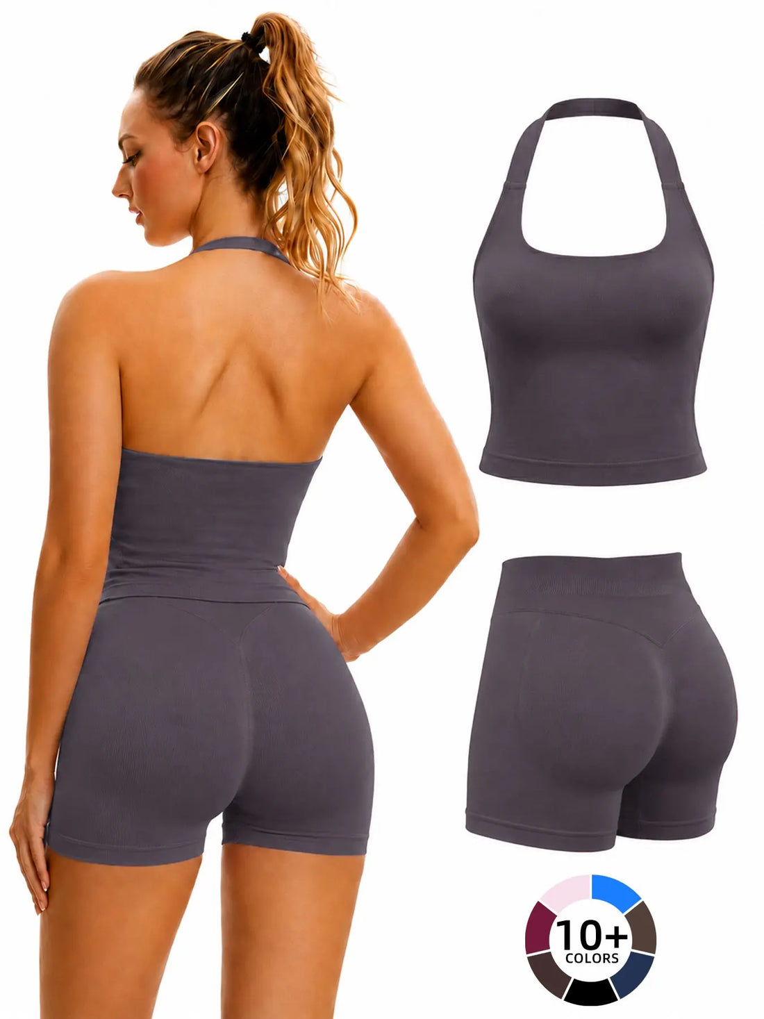 Women'S Halter Tank Top and Shorts Set, Seamless Shaping Summer Gym Wear, High Waist Elastic Support Yoga Workout Outfit