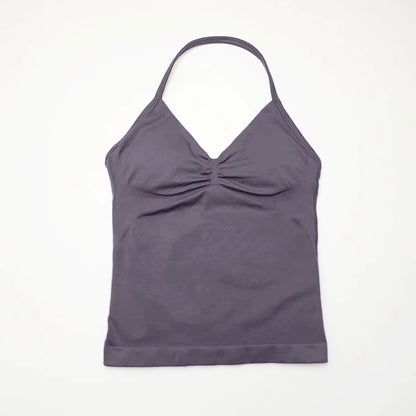 Gym Longline Strappy Top Women Seamless Yoga Tank with Removable Pads V Neck Workout Clothes Sports Running Fitness Vest