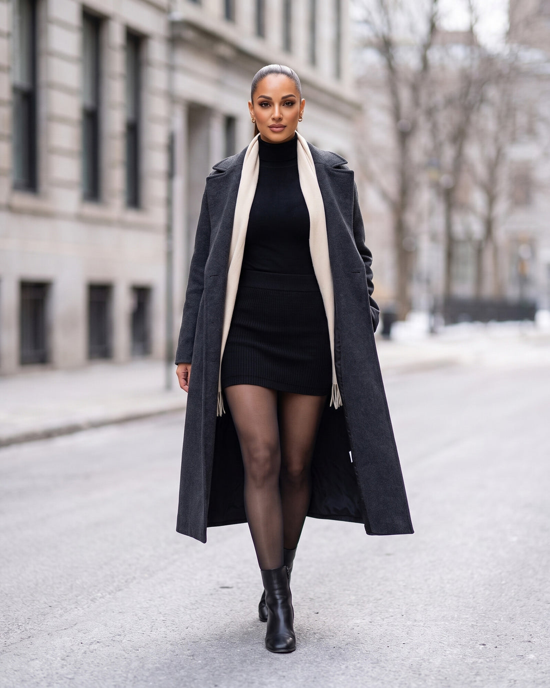 VireLix fleece-lined tights in Black worn on a winter street with a long coat and ankle boots