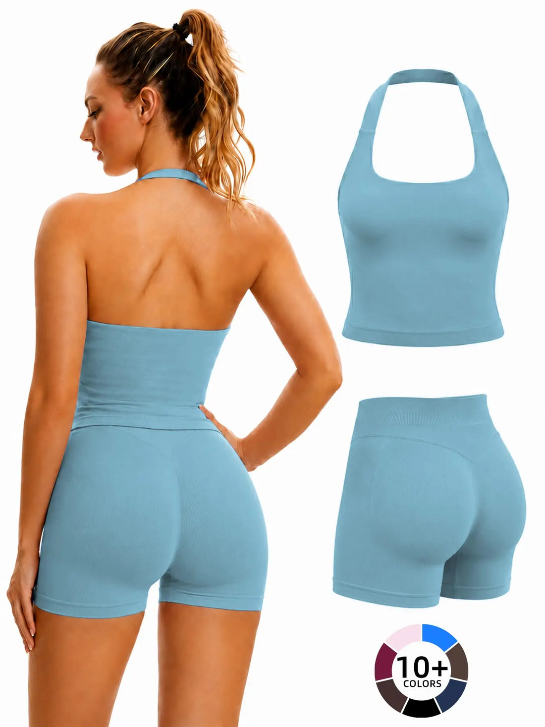 Women'S Halter Tank Top and Shorts Set, Seamless Shaping Summer Gym Wear, High Waist Elastic Support Yoga Workout Outfit